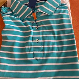 Golf Polo from Stitch. Brand new in packaging. Teal with pink stripes